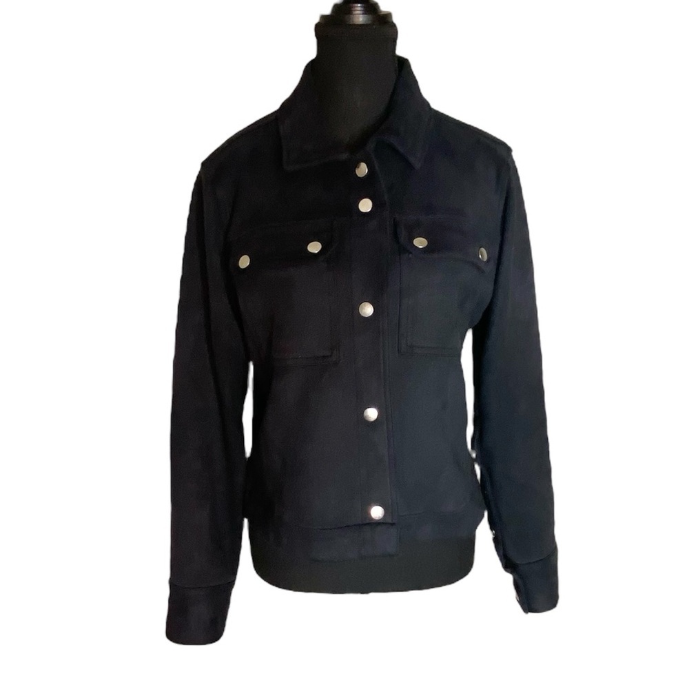 DIP Black Microsuede Jacket Crop Biker Moto Snaps Pockets Lightweight Sz Medium - Picture 3 of 10